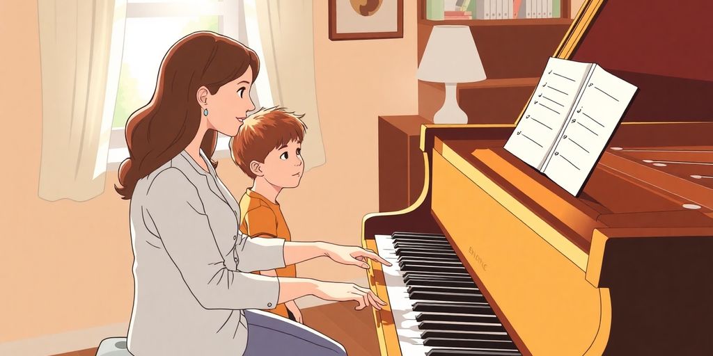 Piano teacher with student lesson