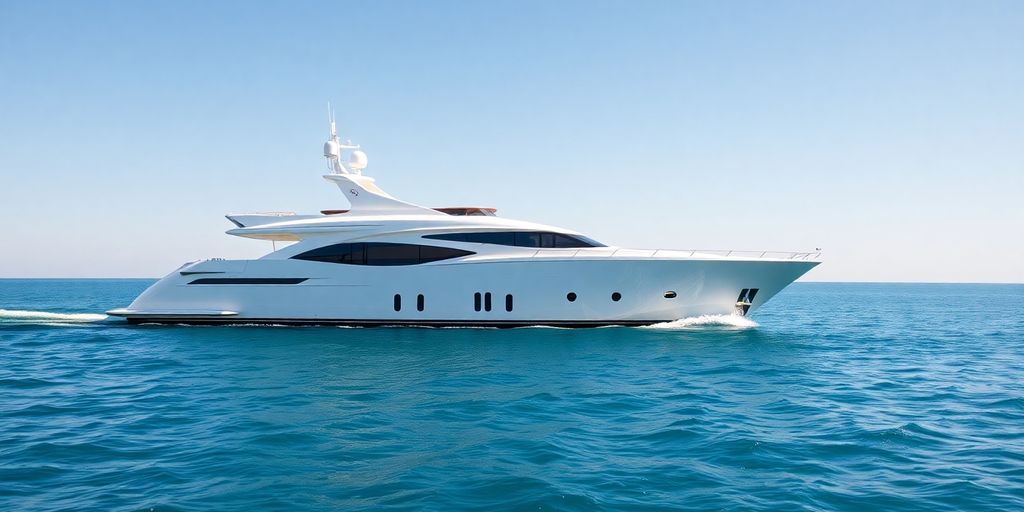 Lady B yacht sailing on blue ocean waters.