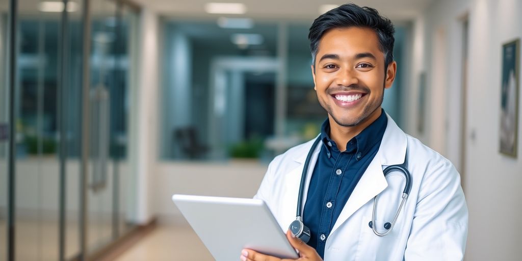 Doctor with tablet in medical office