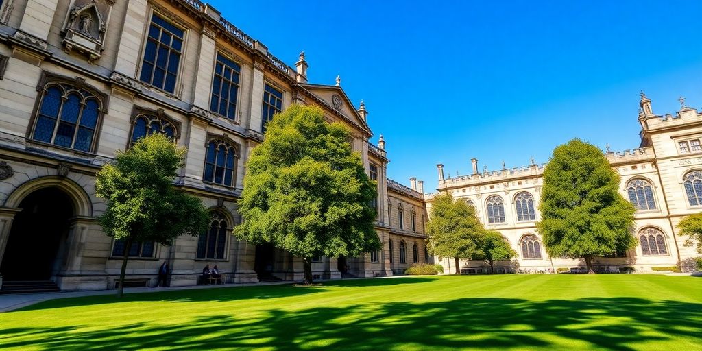 Oxford University building exterior with green lawn.