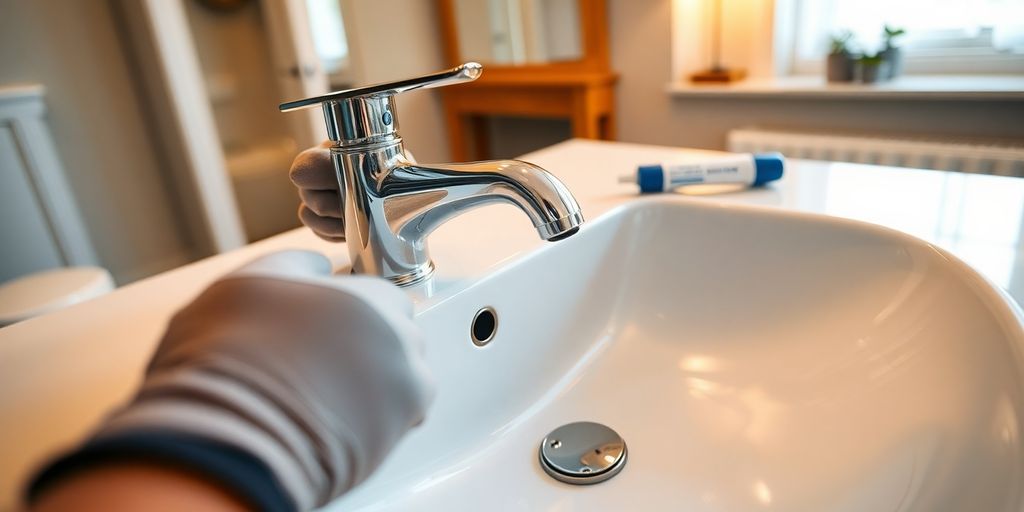 Hands installing shiny new bathroom faucet.