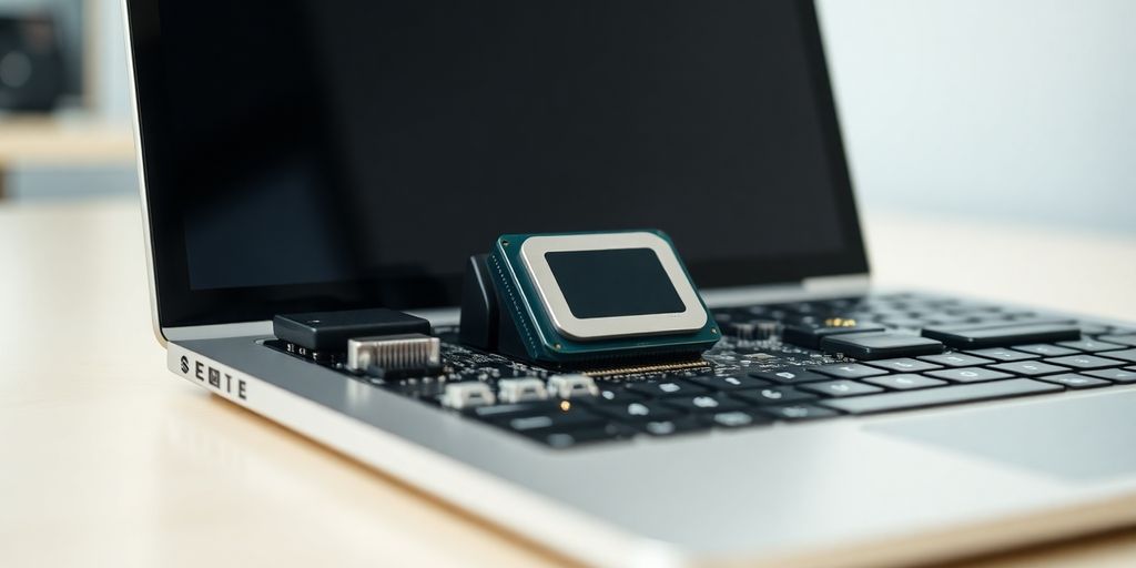 Processador de laptop em foco com fundo desfocado.
