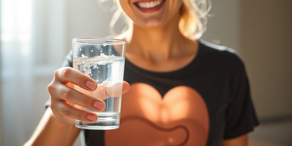 Person drinking water with a happy gut illustration.