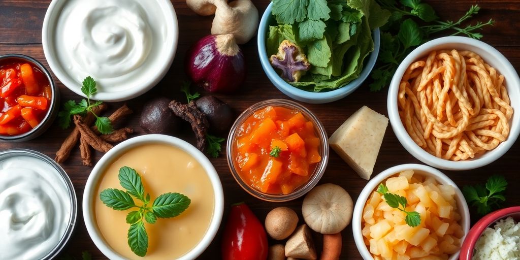 Colorful probiotic foods on a wooden table.