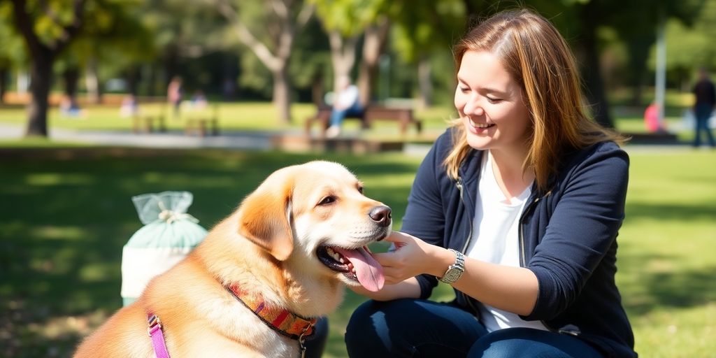 Happy dog and owner with trainer in Double Bay park.
