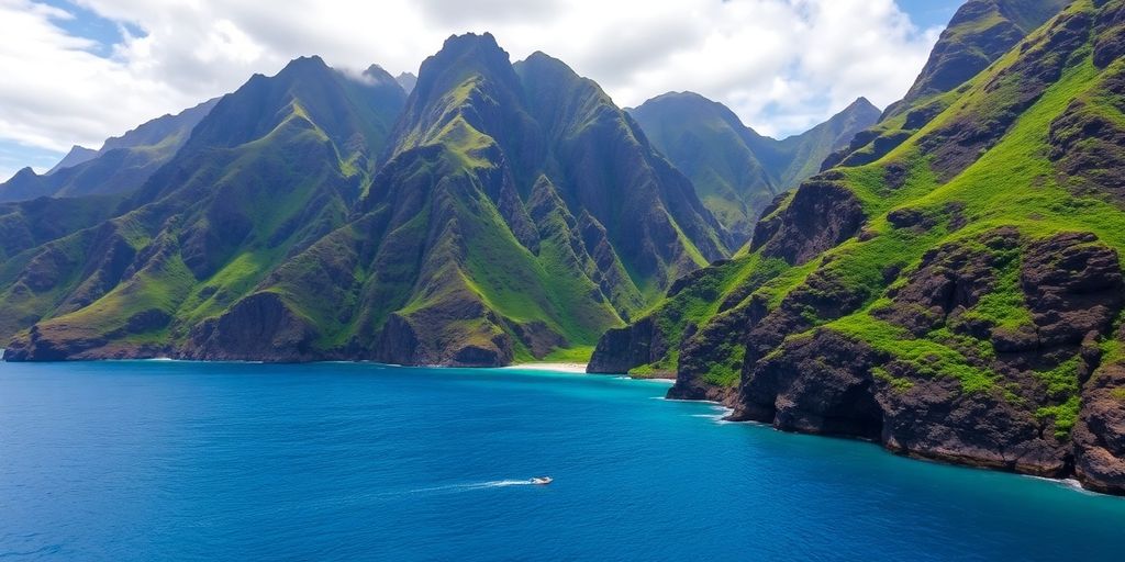 Lush green mountains meeting turquoise water on Nuku Hiva.