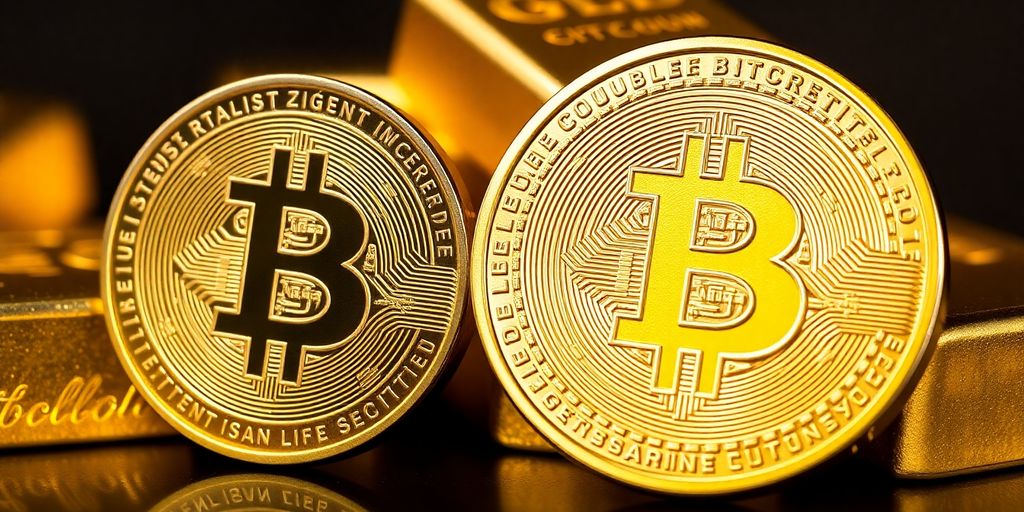 Lingots d'or et pièce de bitcoin sur fond flou.