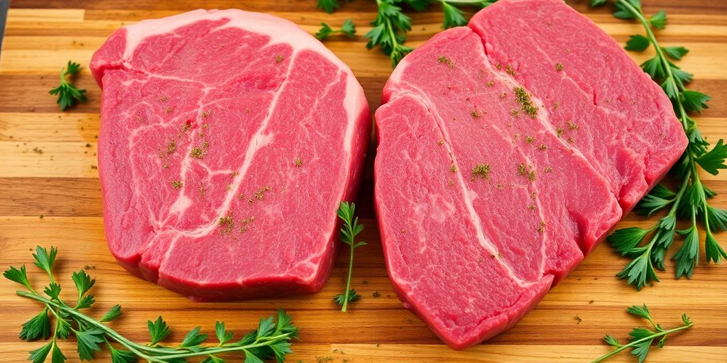 Grass-fed and grain-fed beef cuts on a wooden board.
