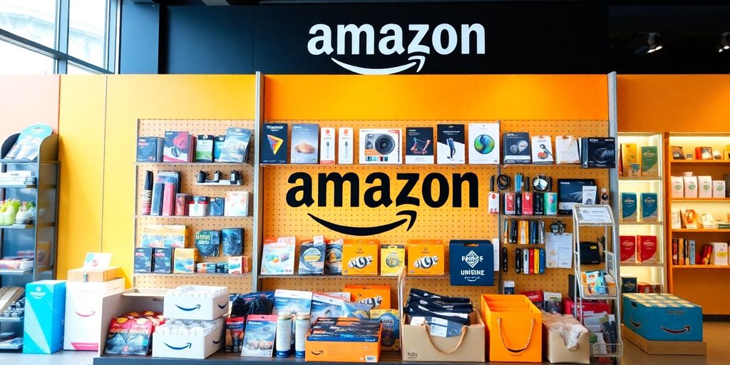 Colorful Amazon product display with various items arranged attractively.