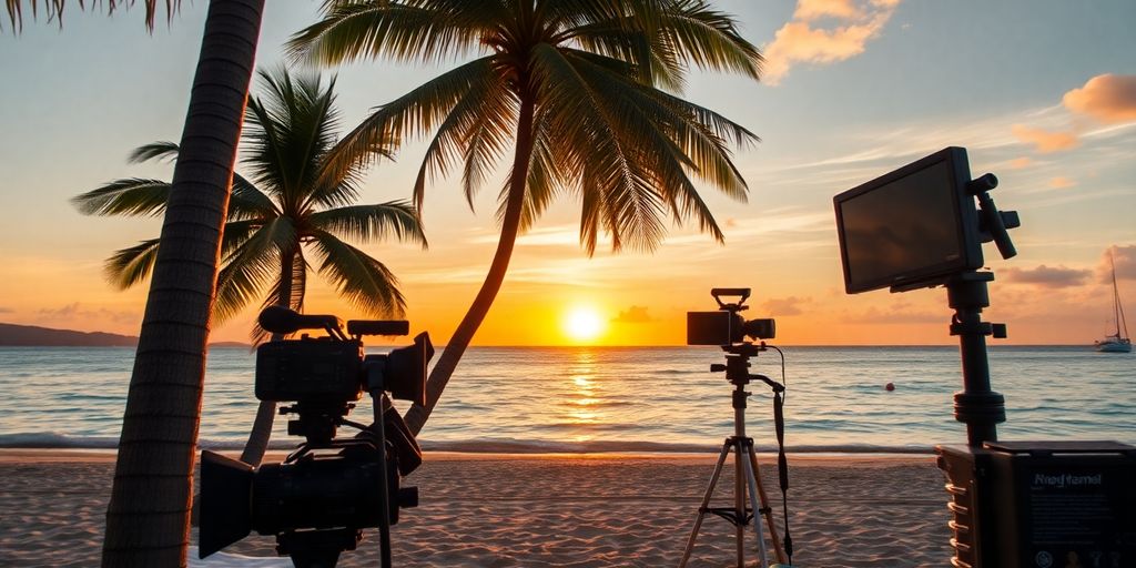 Koh Samui beach with palm trees and film equipment.