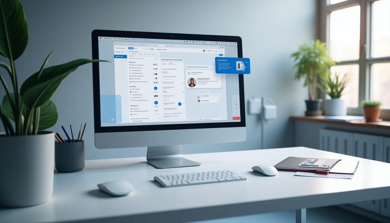 Modern workspace with digital assistant for task automation.