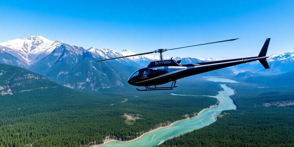 A helicopter flies over snow-covered Alaskan mountains and forests.