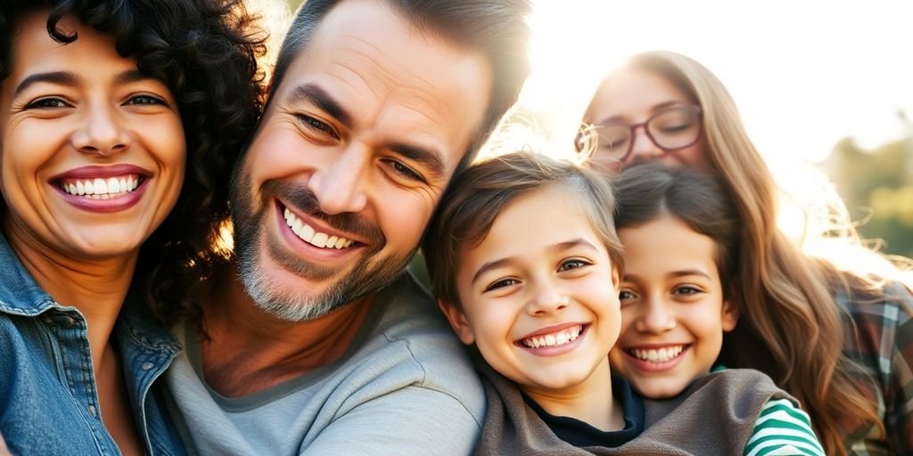 Aussie family smiling together, outdoor setting.