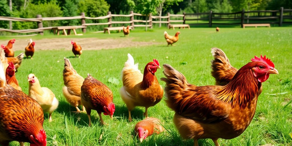 Chickens roaming freely in a safe, natural environment.