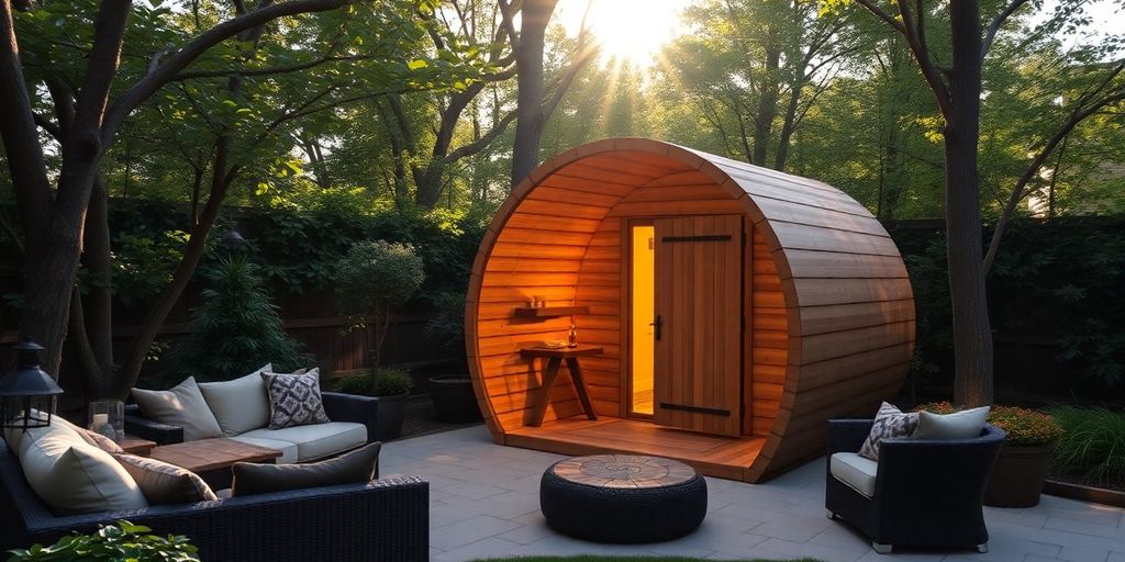Barrel sauna in backyard oasis.