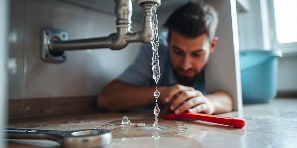 Homeowner checking for a water leak under the sink.