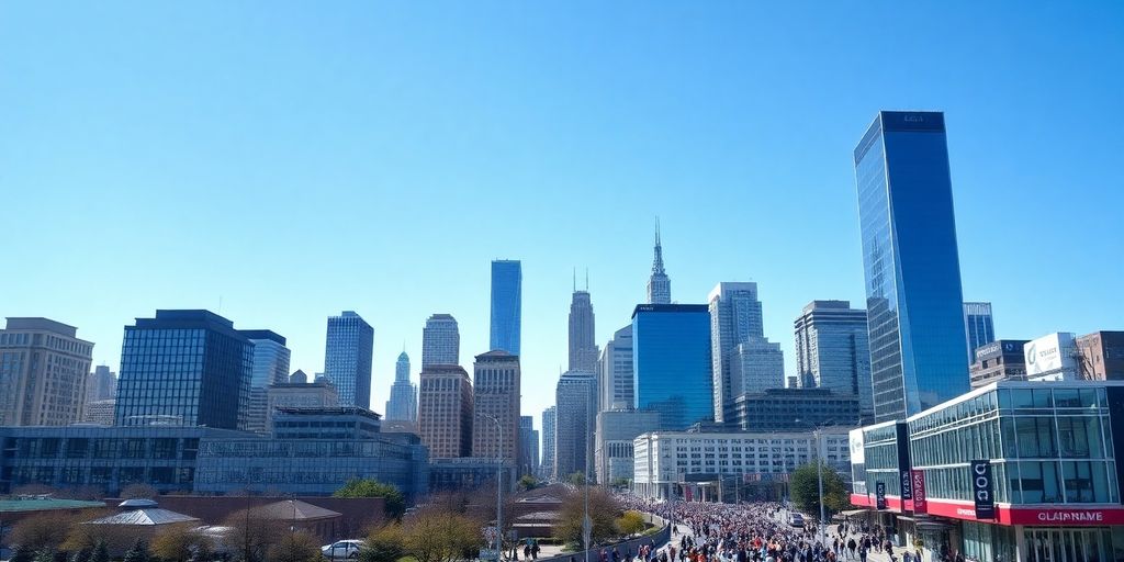 Jersey City skyline with modern buildings and bustling streets.