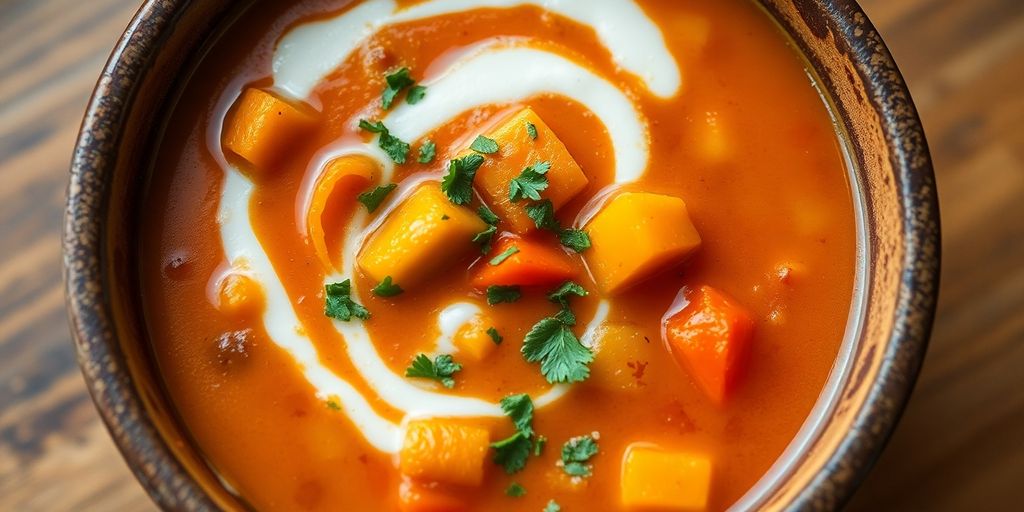 Warm roasted vegetable soup, rustic bowl, vibrant colors.