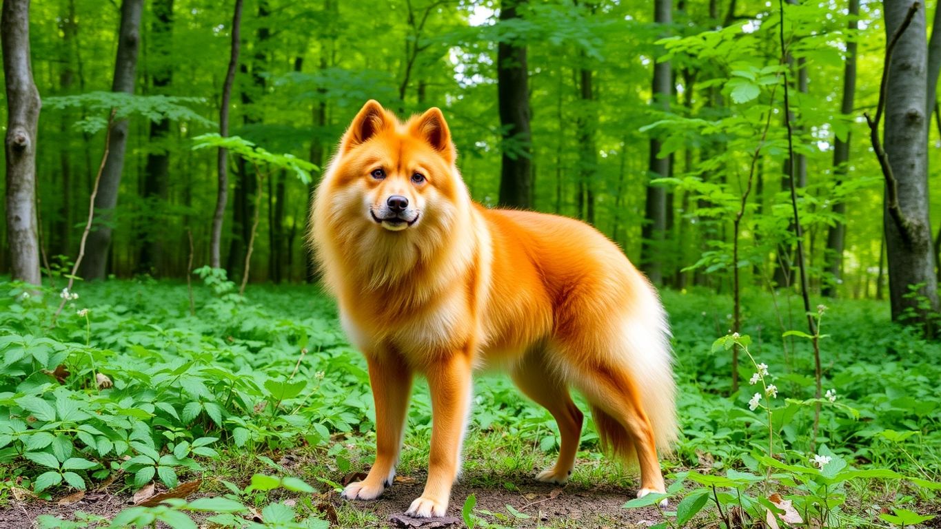 Finnish Spitz in a green forest setting.