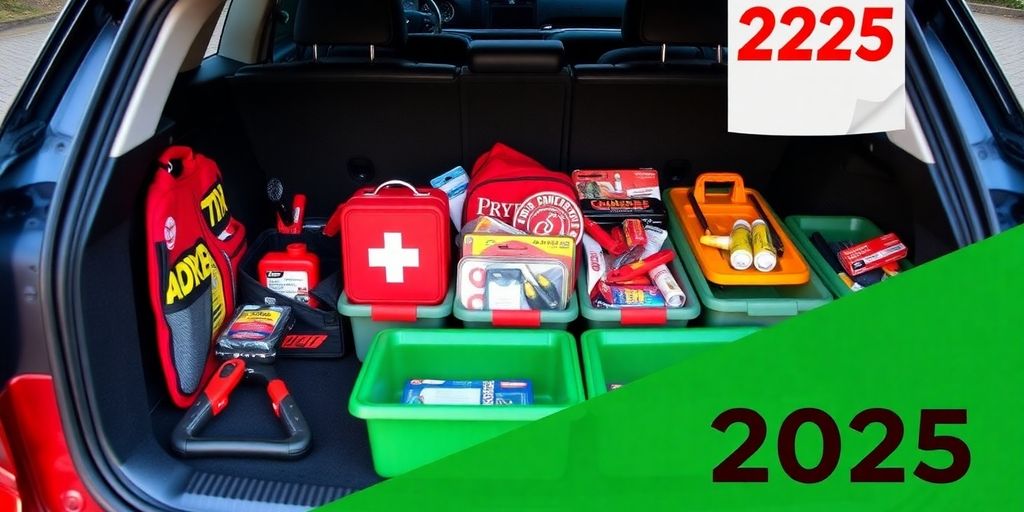 Organized car trunk with automotive accessories and storage bins.
