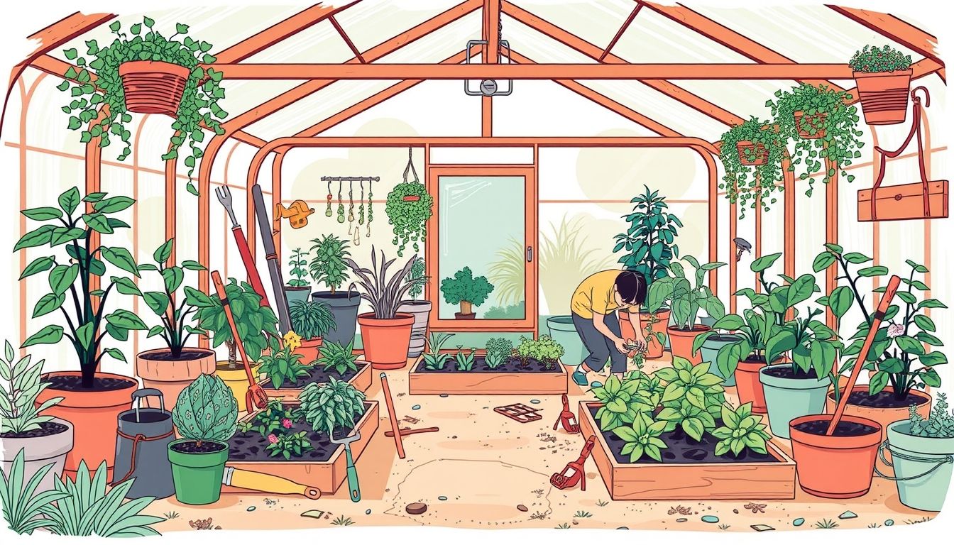 Person setting up plant beds in a greenhouse.