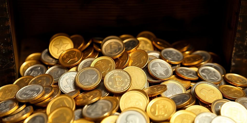 Gold and silver coins spilling from a treasure chest.