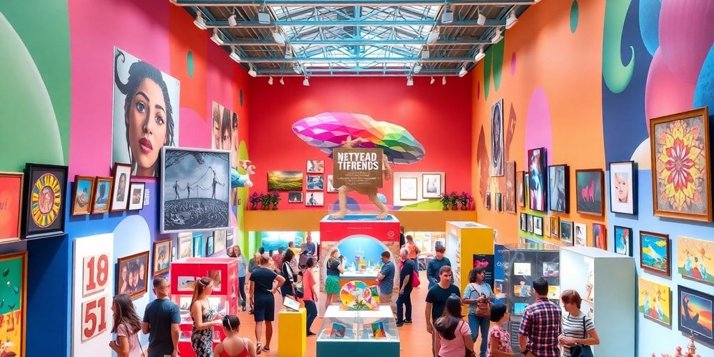 Vibrantes Museum mit Ausstellungen und begeisterten Besuchern.