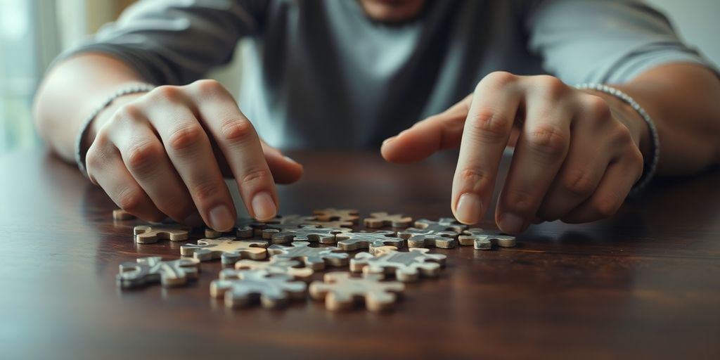 Person solving complex puzzle, looking determined.
