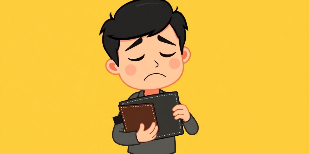 Cartoon person stressed, looking at empty wallet.