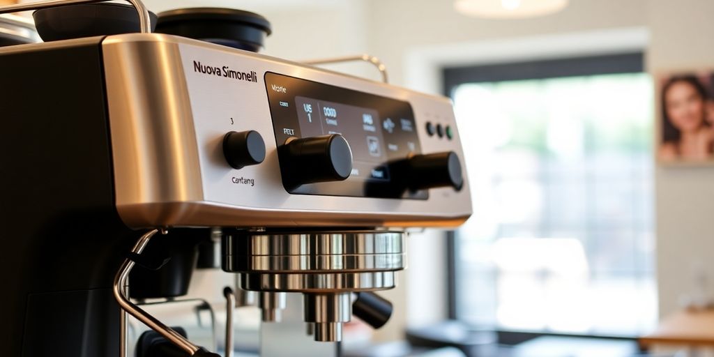Close-up of Nuova Simonelli Musica coffee machine.