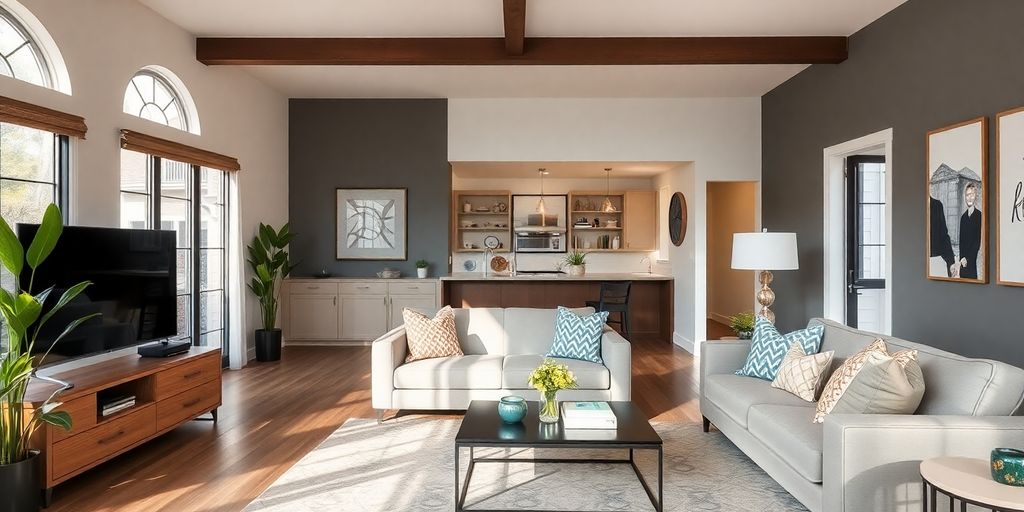 Cozy modern living room with stylish decor and furniture.