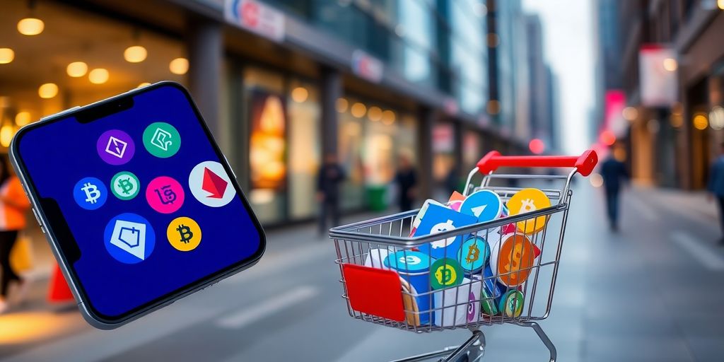 Smartphone with crypto logos and shopping cart in urban setting.