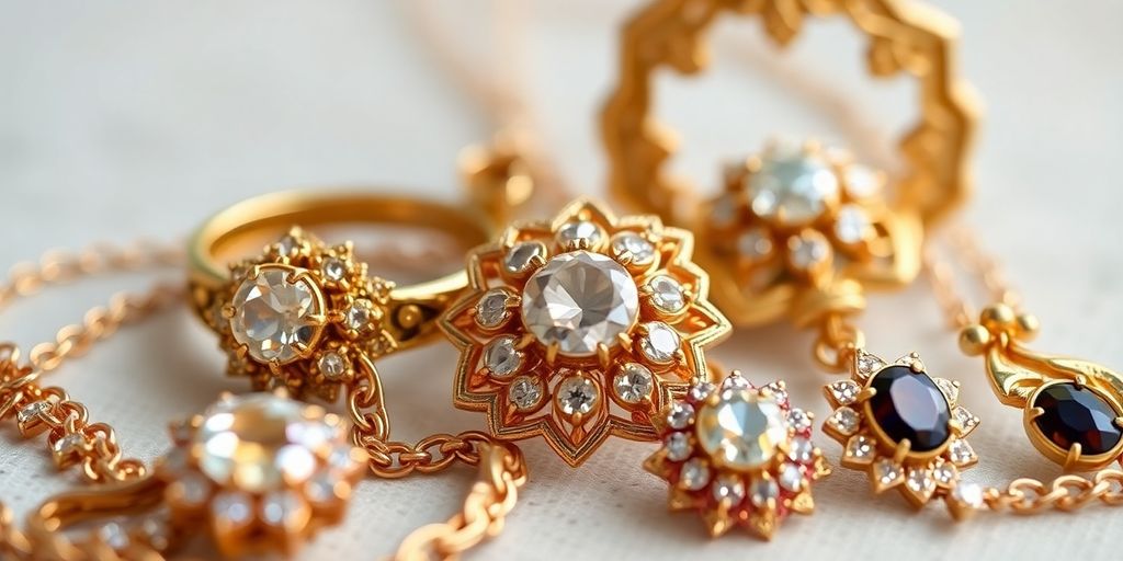 Bijoux en or hérités exposés sur un fond flou.