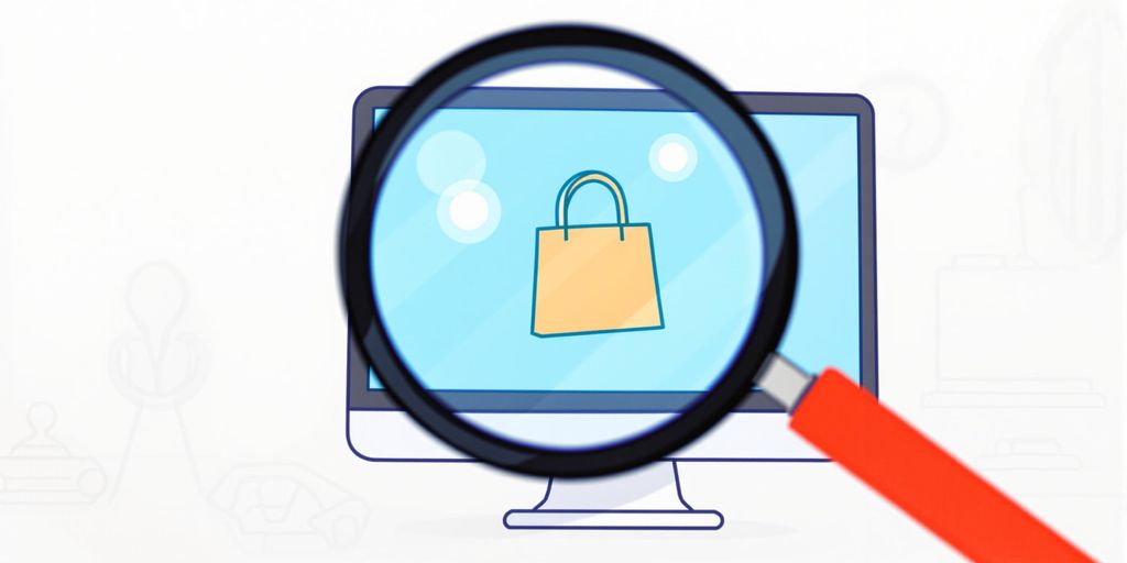 Magnifying glass over shopping bag on computer screen.