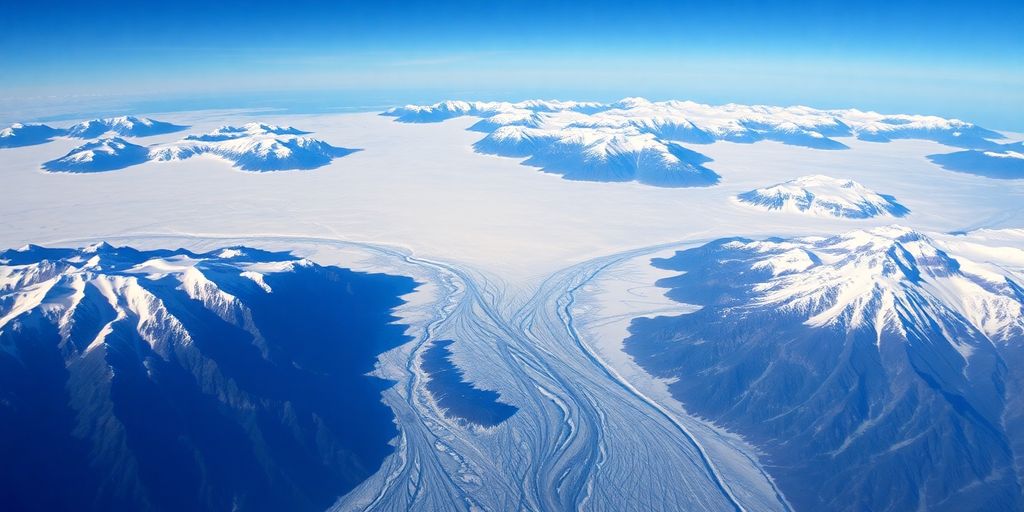 A small airplane flies above vast, snow-covered Alaskan glaciers.