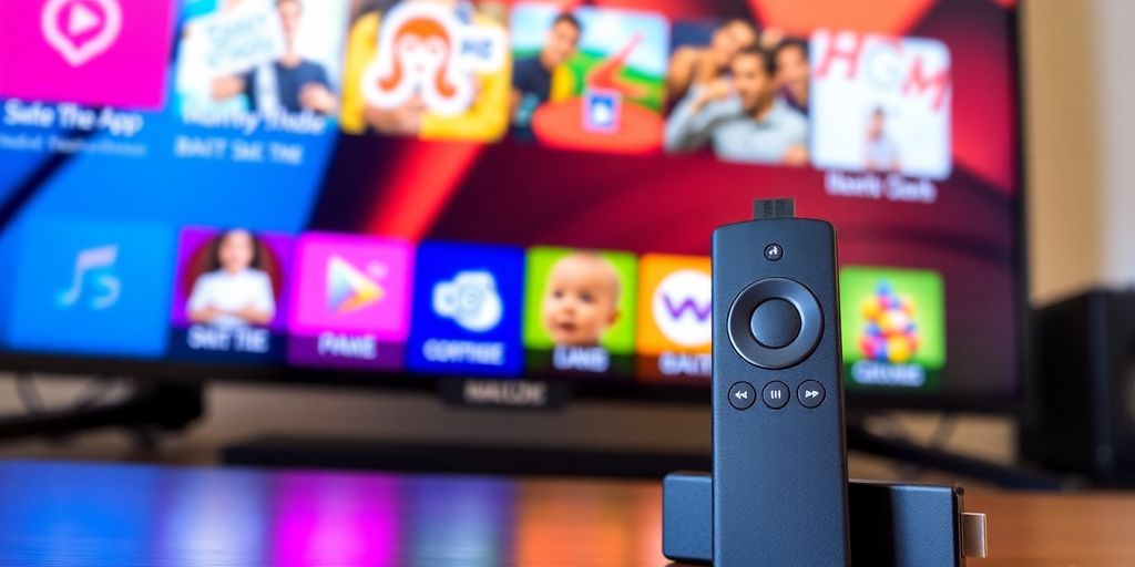 Firestick remote with TV displaying Startup Show App.