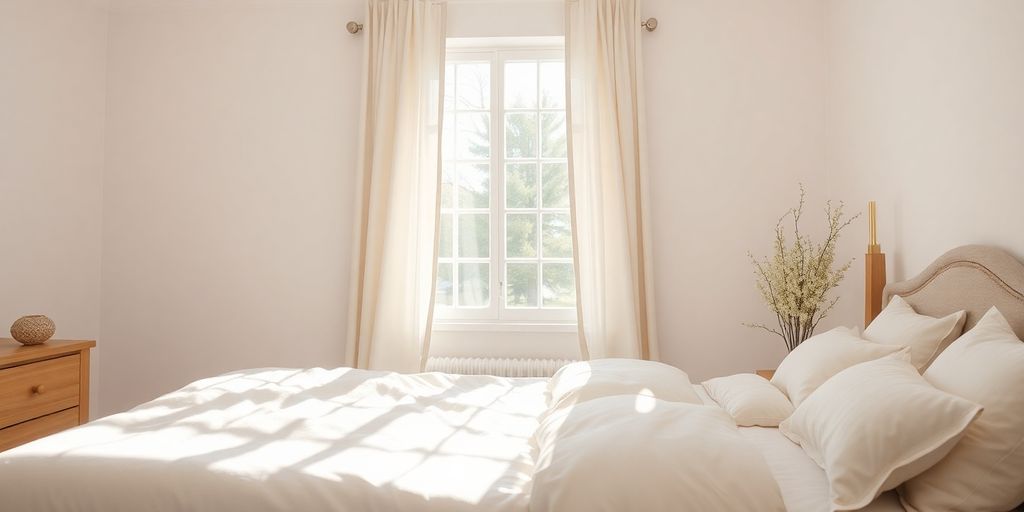 Comfortable bedroom with natural light and calming colors.