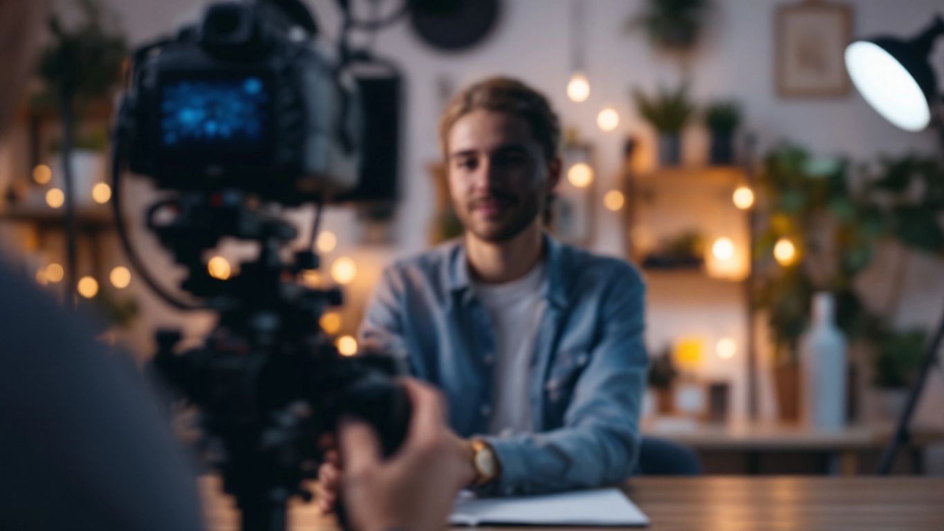Person filming faceless video in a creative workspace.