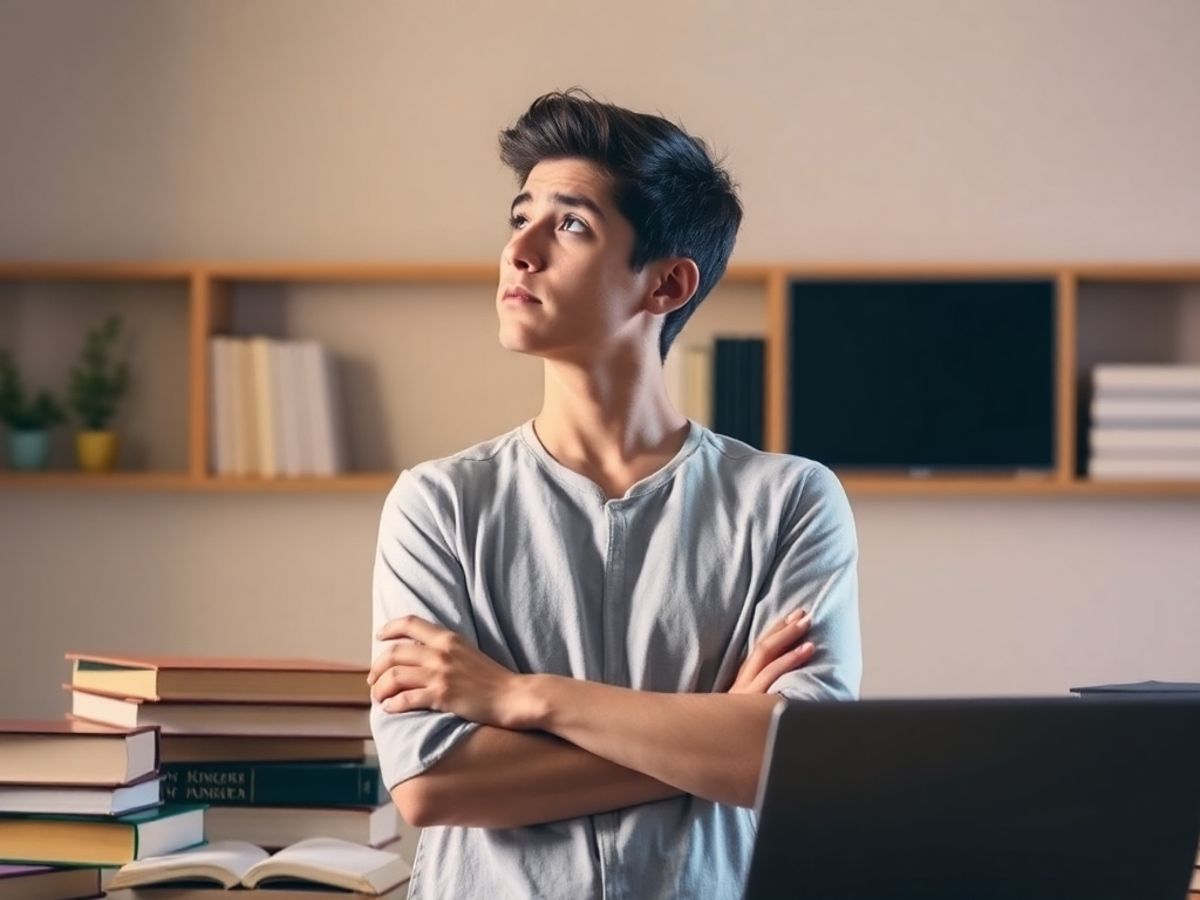 Student considering loans and scholarships with books and laptop.