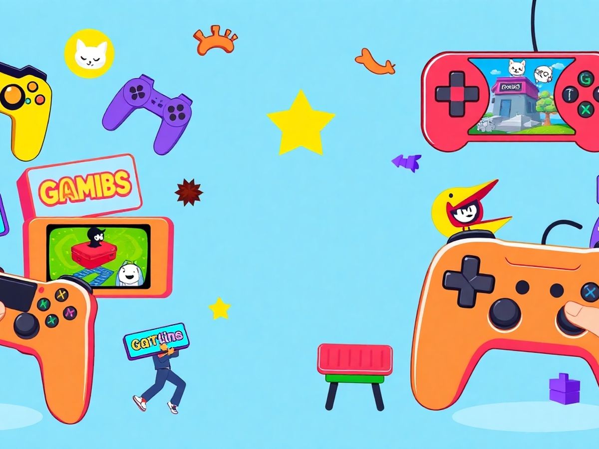 Colorful illustrations of fun online games and controllers.