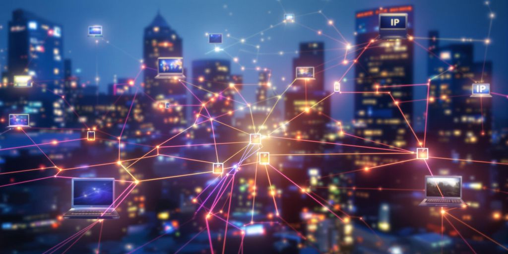 Interconnected computers illustrating digital connectivity and IP addressing.