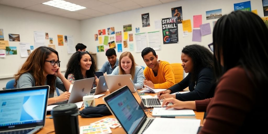 Classroom scene of diverse learners in digital marketing.