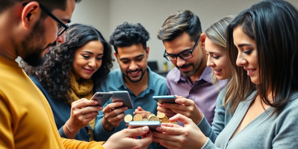 Grupo de pessoas analisando moedas de criptomoedas.