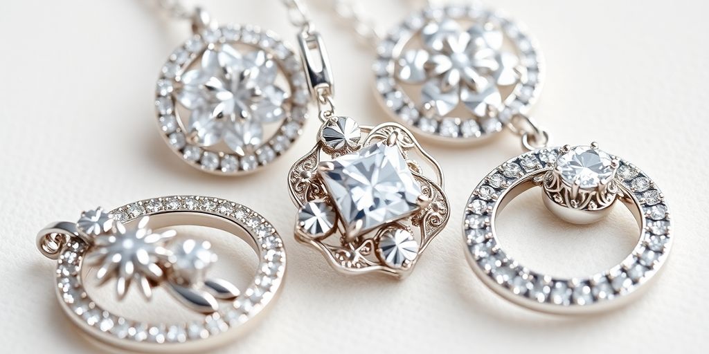 Bijoux en argent et en platine sur un fond neutre.