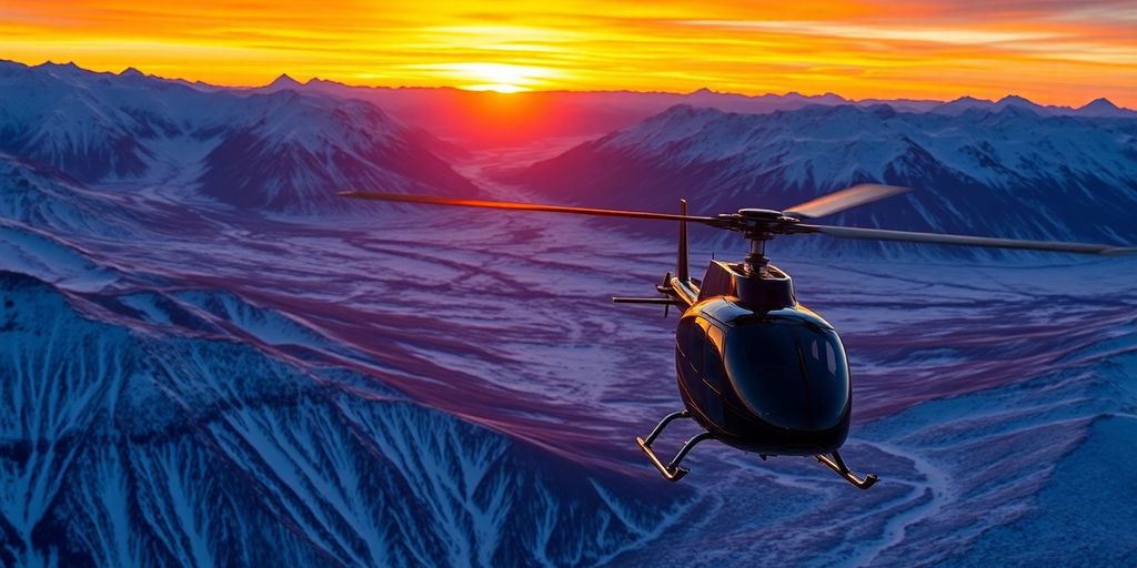 A helicopter flying over Alaskan mountains during a fiery sunset.