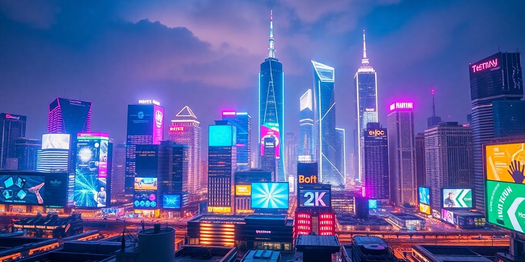 Futuristic skyline with digital screens and modern architecture.