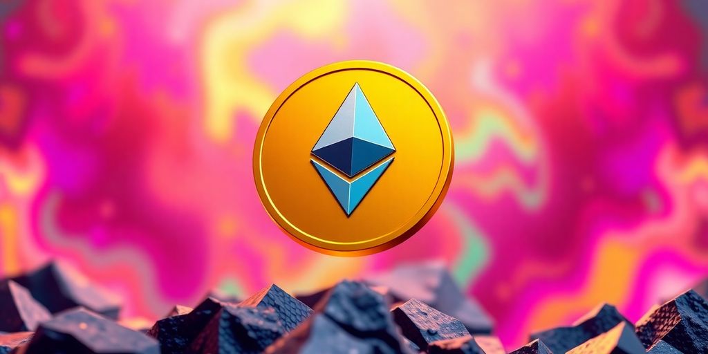 Ethereum coin soaring upwards with a bright background.