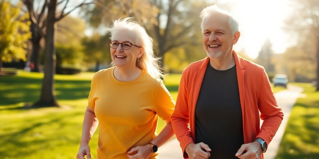 Smiling senior couple exercising outdoors.