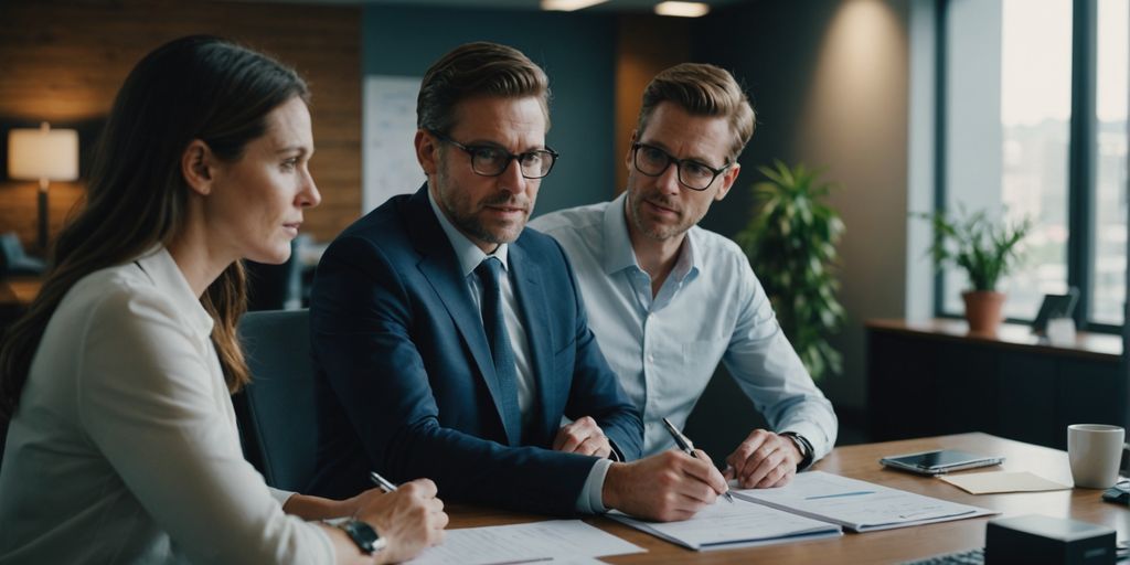 Couple with advisor planning finances in an office setting.