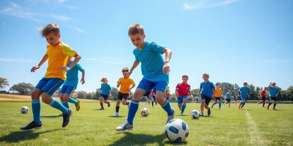 Young soccer players in action on a grassy field.